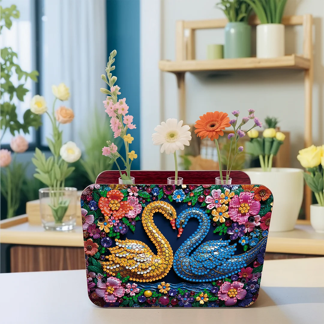 Swan DIY Flower Vase Wooden Double Sided Desktop Diamond Art Kit for Home Decor