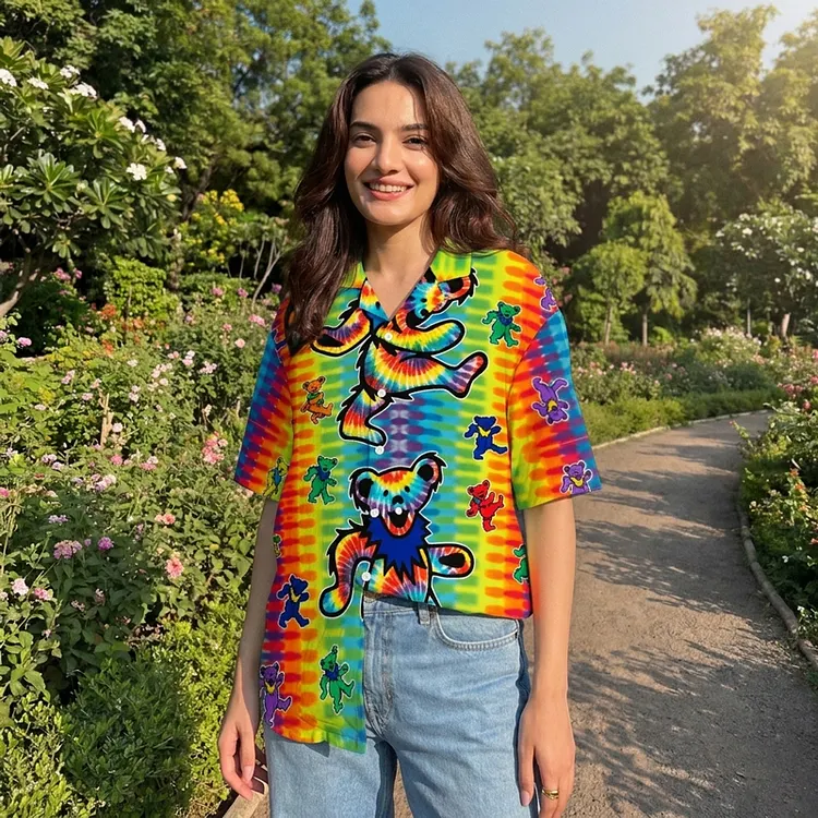 Vintage Grateful Dead Skull & Bear &Terrapin Graphic Cuban Collar Short Sleeve Shirt &ndash; Unisex Retro Cotton Top