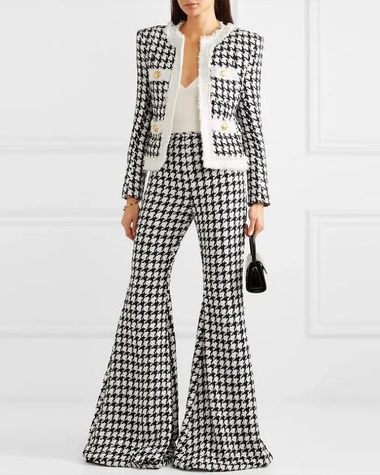 Elegant houndstooth tweed two-piece jacket and trousers set - 01