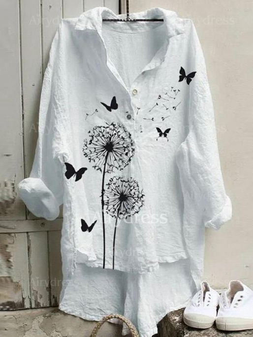 Butterfly Printed Long Sleeve Lapel Shirts