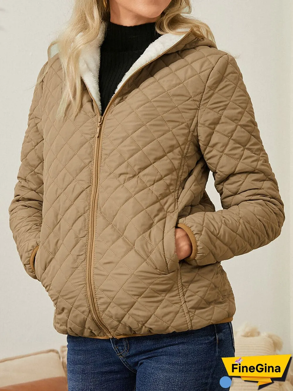 Solid Plush Zip Front Pocket Hooded Long Sleeve Coat