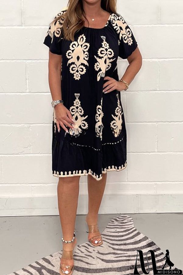 MidiSono - Geometric Pattern Multi Print Square Neck Dress