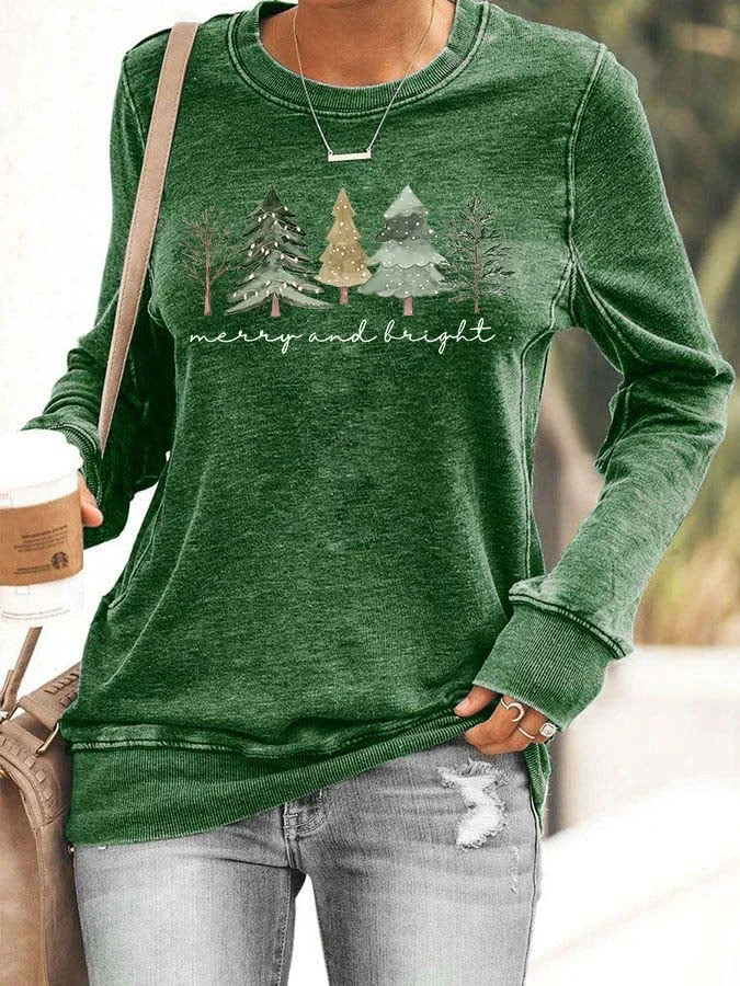 Women's Casual Merry And Bright Printed Long Sleeve Sweatshirt