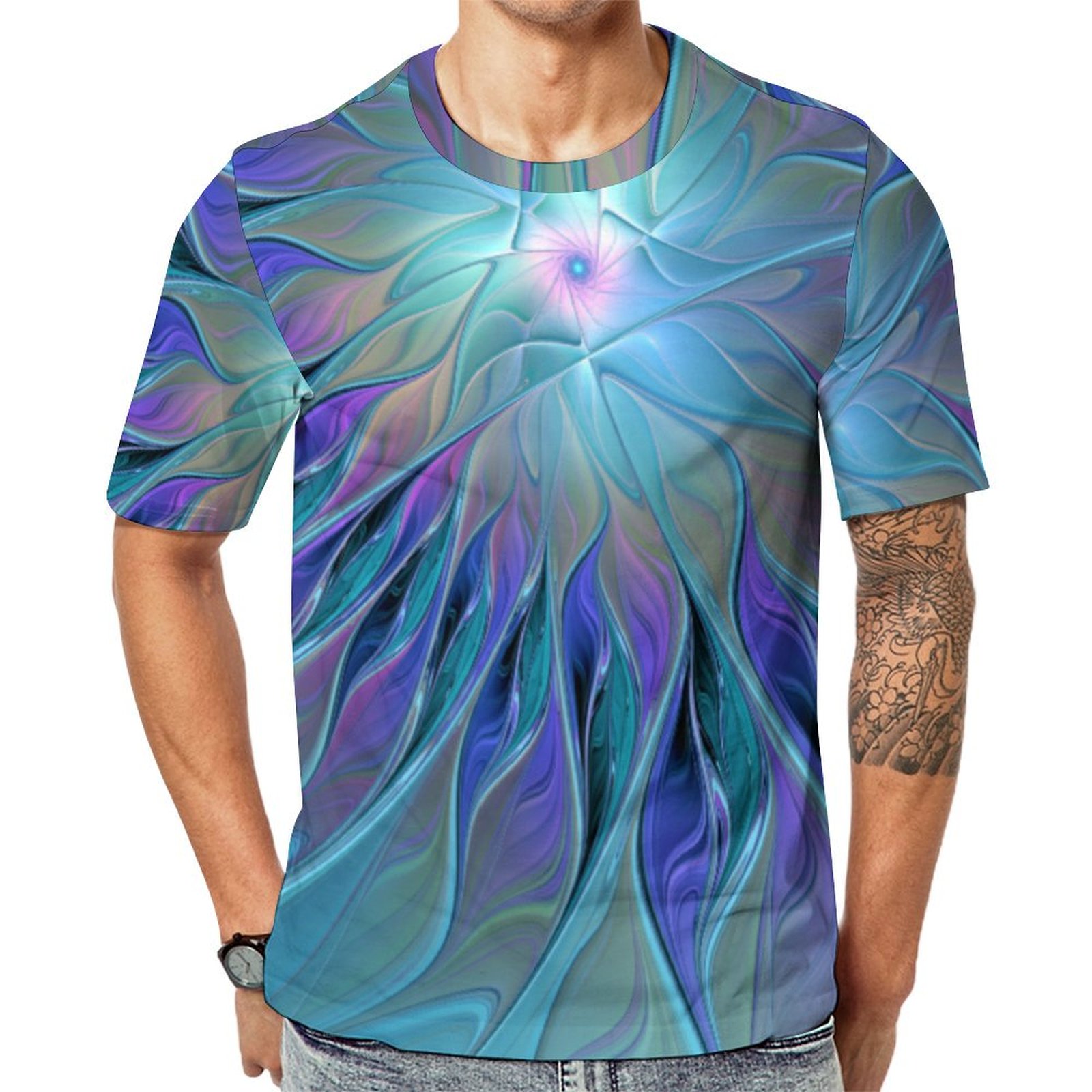 Blue Purple Flower Dream Abstract Fractal Art Short Sleeve Print Unisex Tshirt Summer Casual Tees for Men and Women Coolcoshirts