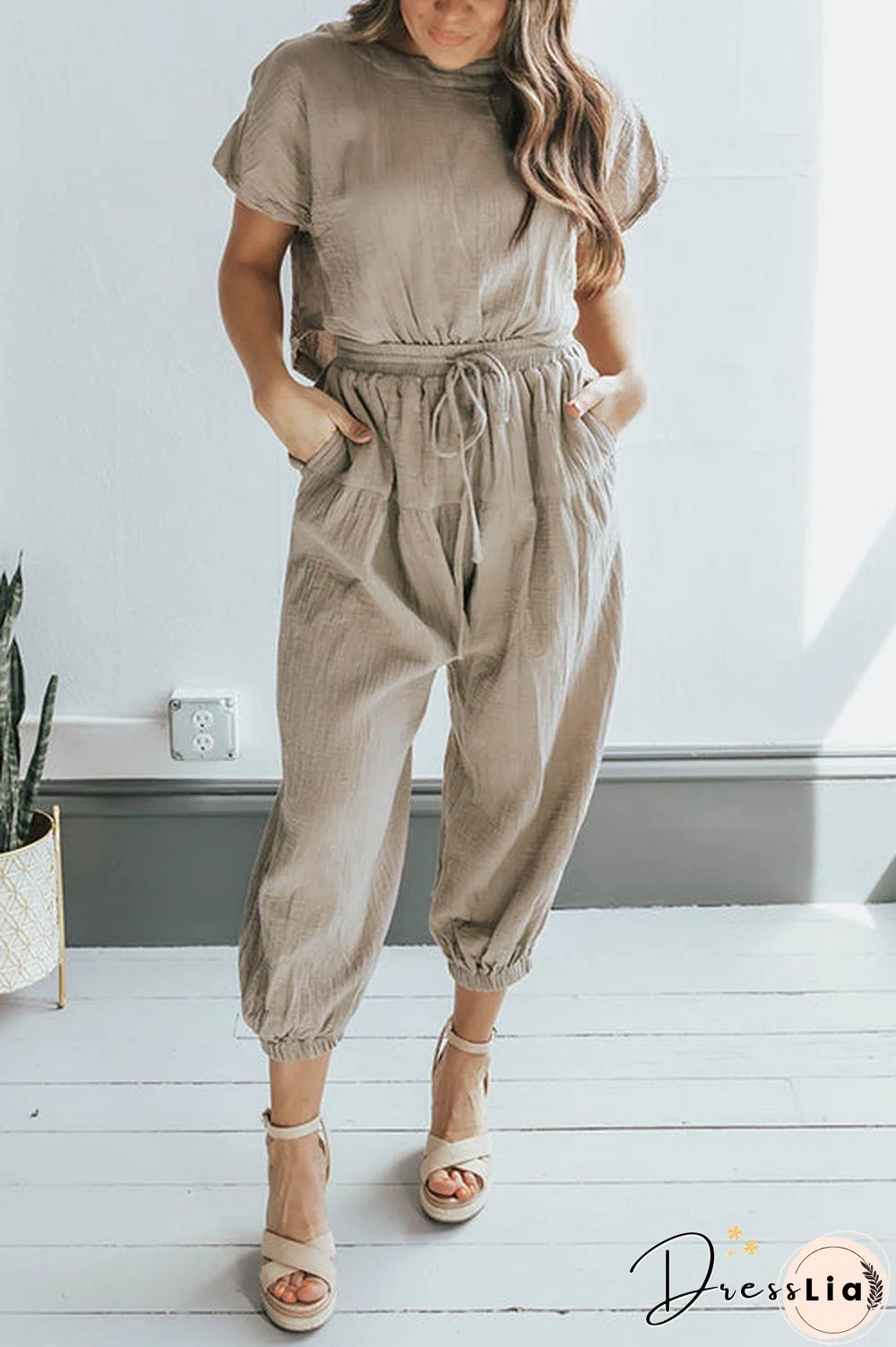 Slit Back Solid Drawstring Jumpsuit