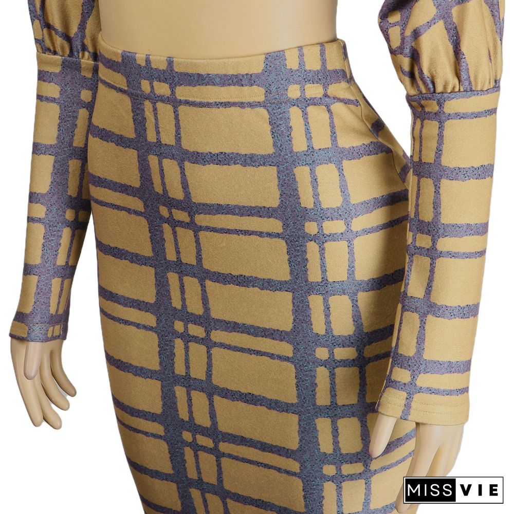 Plaid Long Sleeve Crop Top Bodycon Maxi Skirt Set