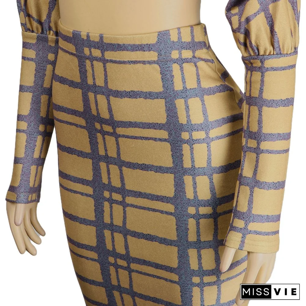 Plaid Long Sleeve Crop Top Bodycon Maxi Skirt Set