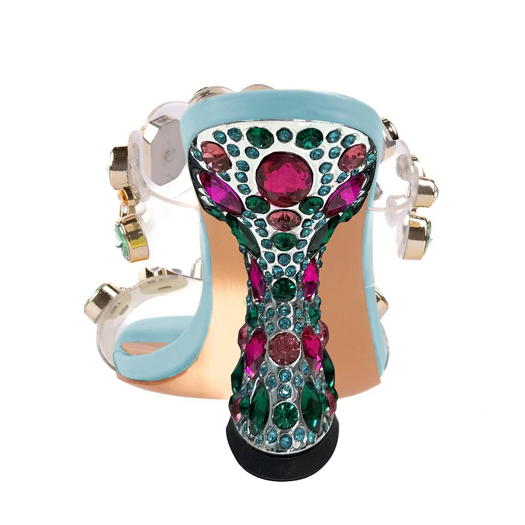 Sky Blue Leather Square Toe Rhinestone Embellished Clear Band Heels   