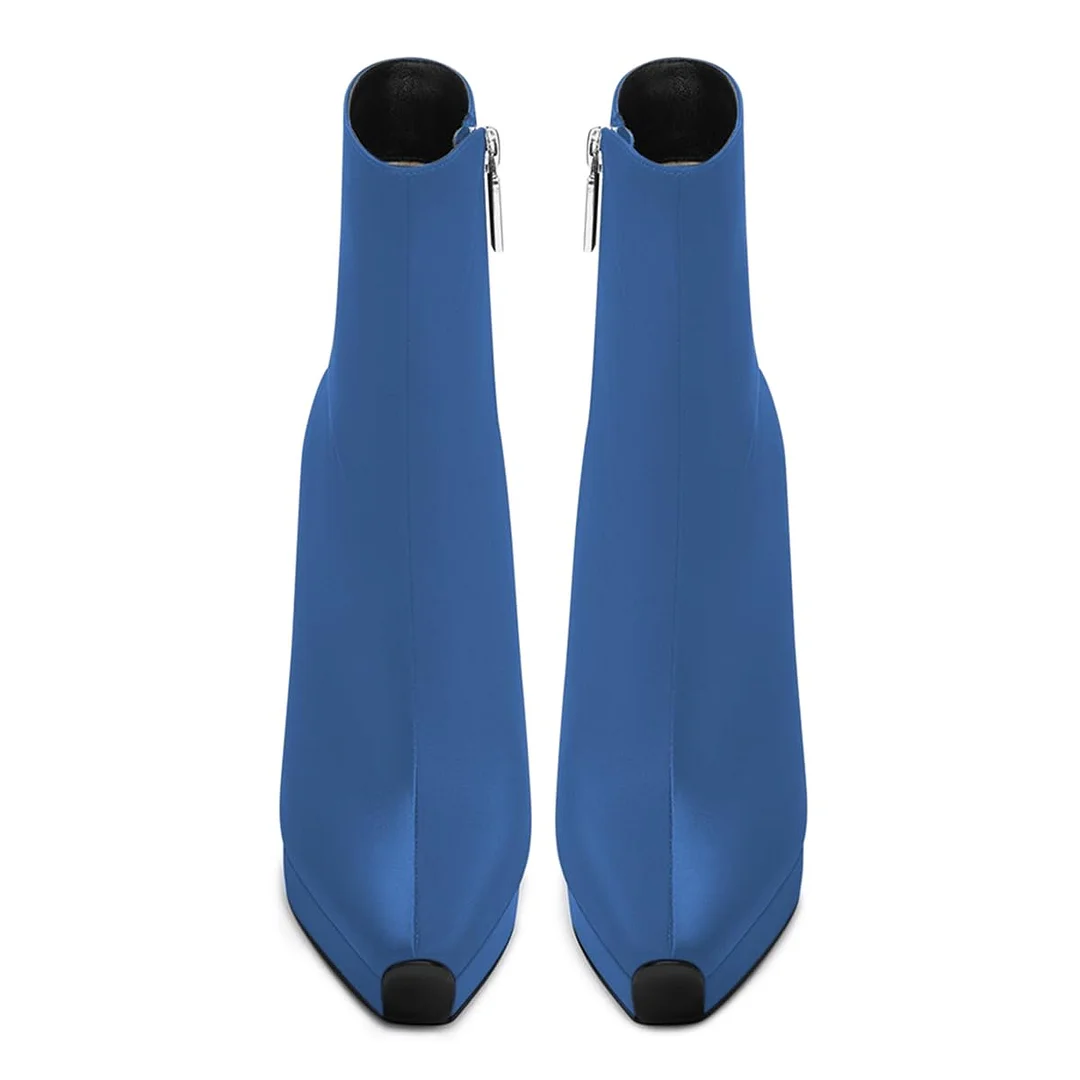 Blue Vegan Leather Side-Zip Platform Stiletto Heel Ankle Boots