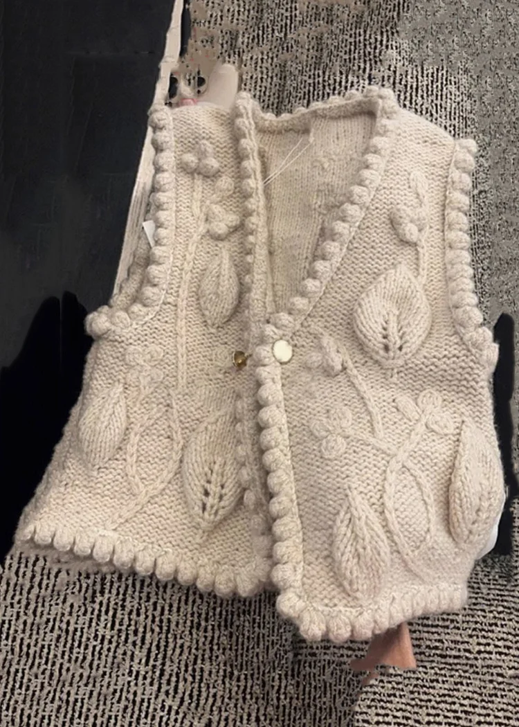 Classy Beige V Neck Button Patchwork Cotton Knit Waistcoat Sleeveless