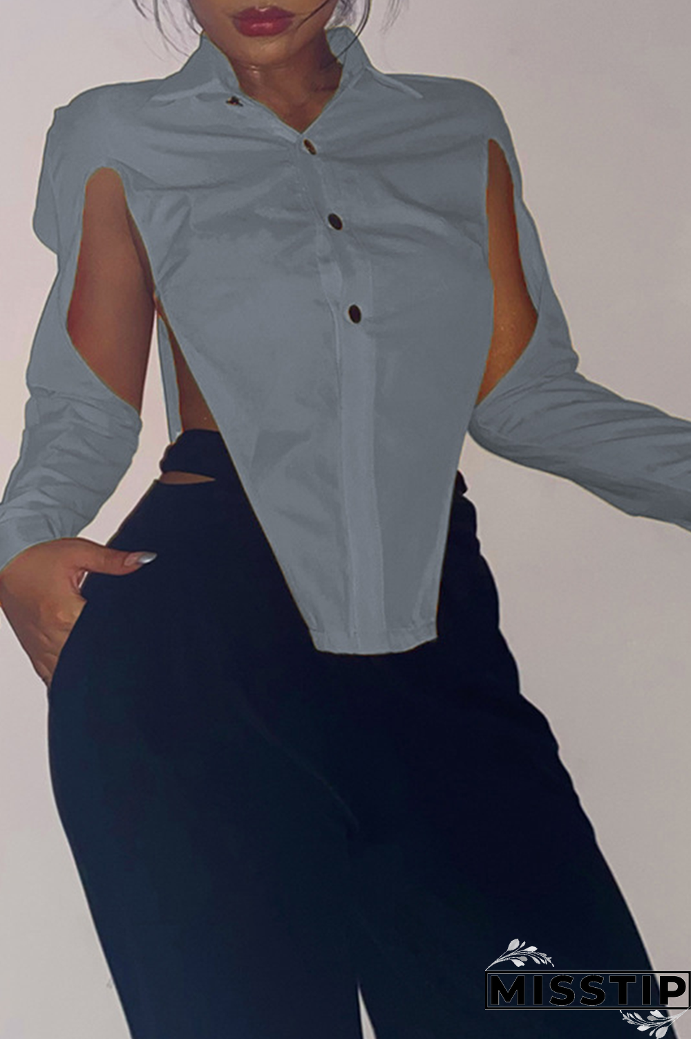 Grey Sexy Solid Hollowed Out Turndown Collar Tops