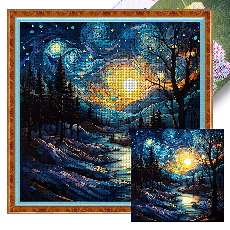 【Huacan Brand】Glass Art - Lakeside At Night 18CT Stamped Cross Stitch 40*40CM