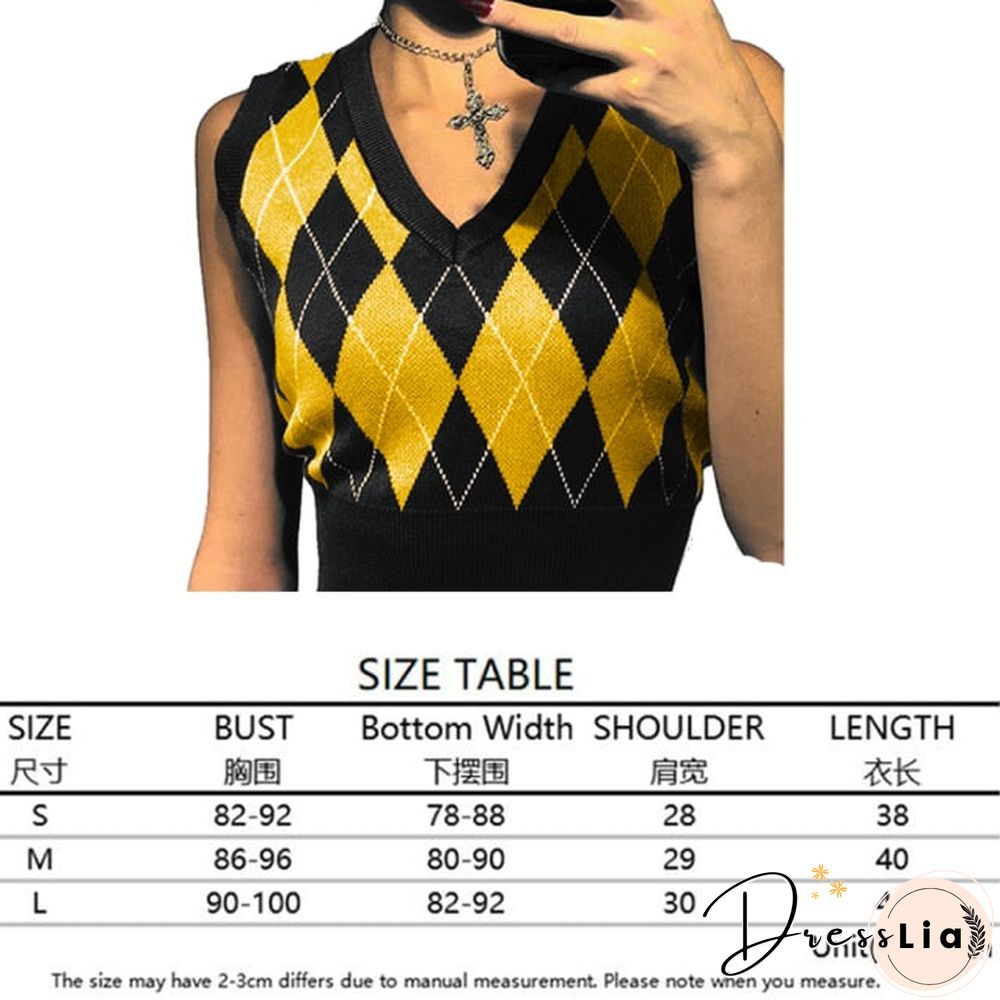 V Neck Vintage Argyle Sweater Vest Women Black Sleeveless Plaid Knitted Crop Sweaters Casual Autumn Preppy Style tops