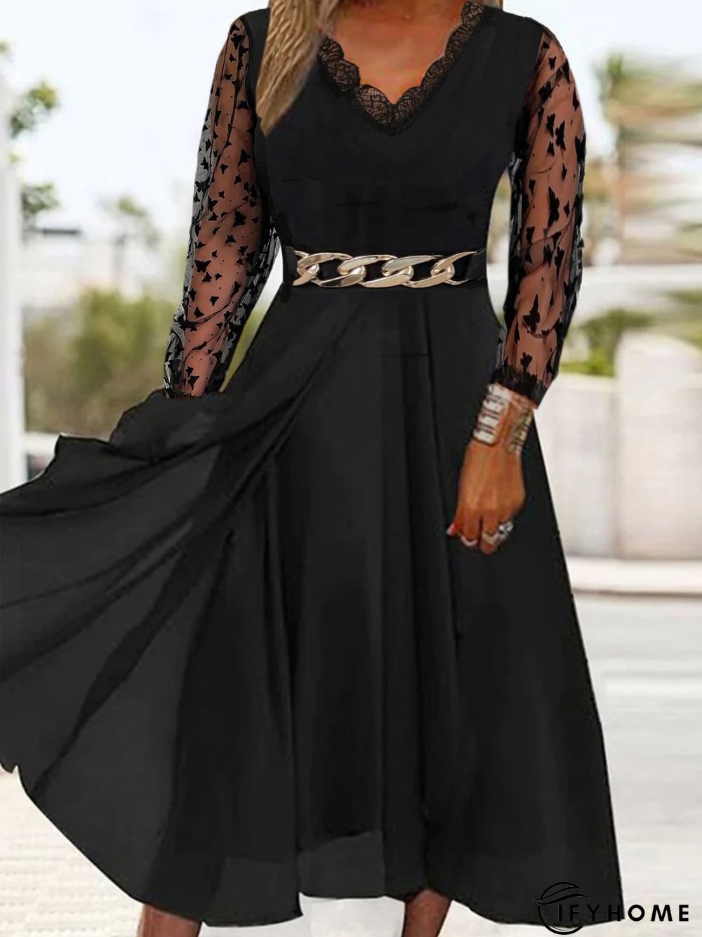 Plain Mesh Long Sleeve Lace V Neck Grommets Casual Dress | IFYHOME