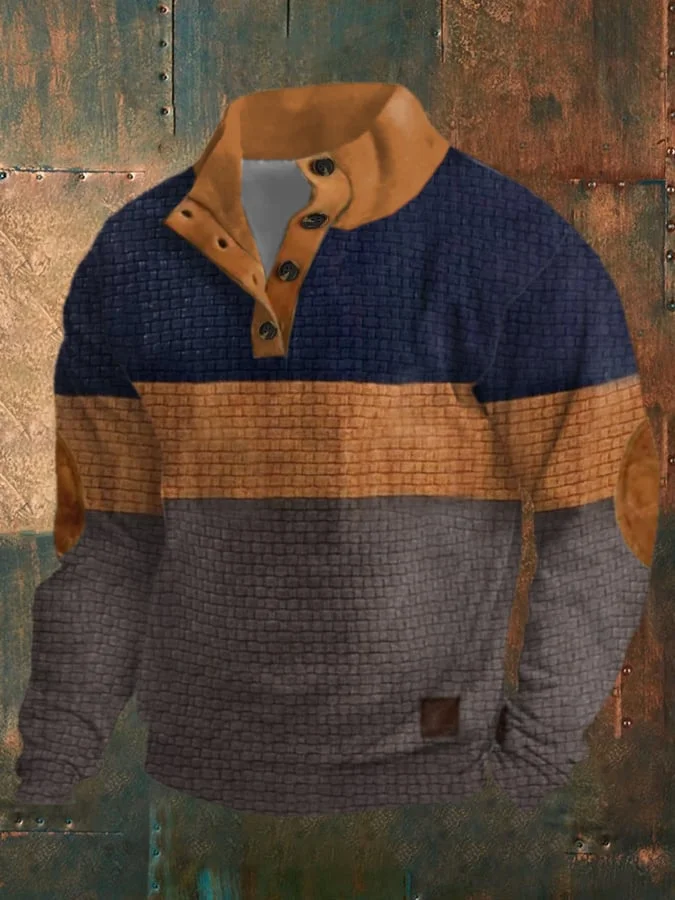 Men'S Patchwork Color Button Casual Sweatshirt