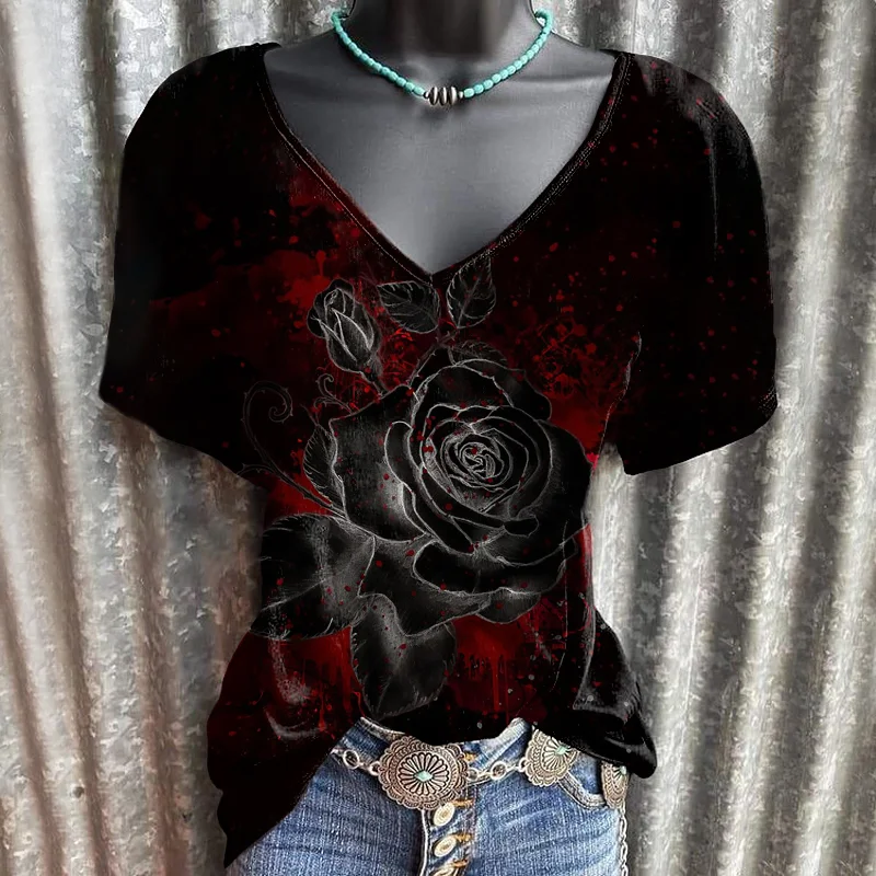 Dark rose graphic women casual V-neck tees designer