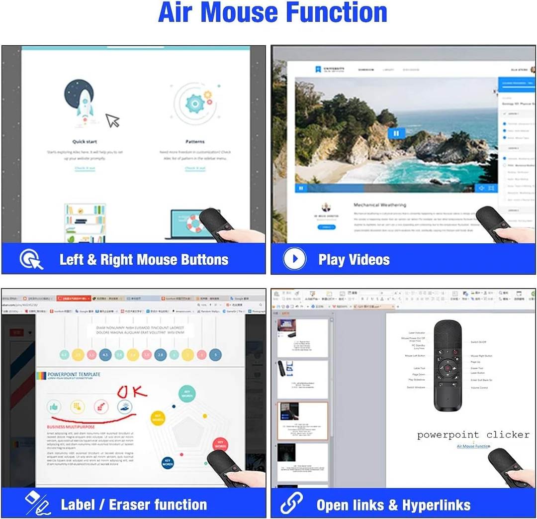 Presentation Clicker Air Mouse Function Wireless Presenter USB Powerpoint Clicker, RF 2.4 GHz Presentation Remote Control Clicker for powerpoint presentations Support Mac, Laptop, Computer 11 (UPC/EAN:736961025973)