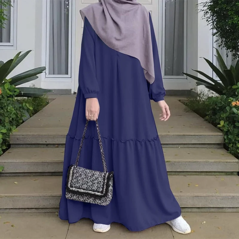 ZANZEA Women Full Sleeved Casual Loose Long Dress Elegant Muslim Dresses Fashion Dubai Turkey Abaya Hijab Dress Robe