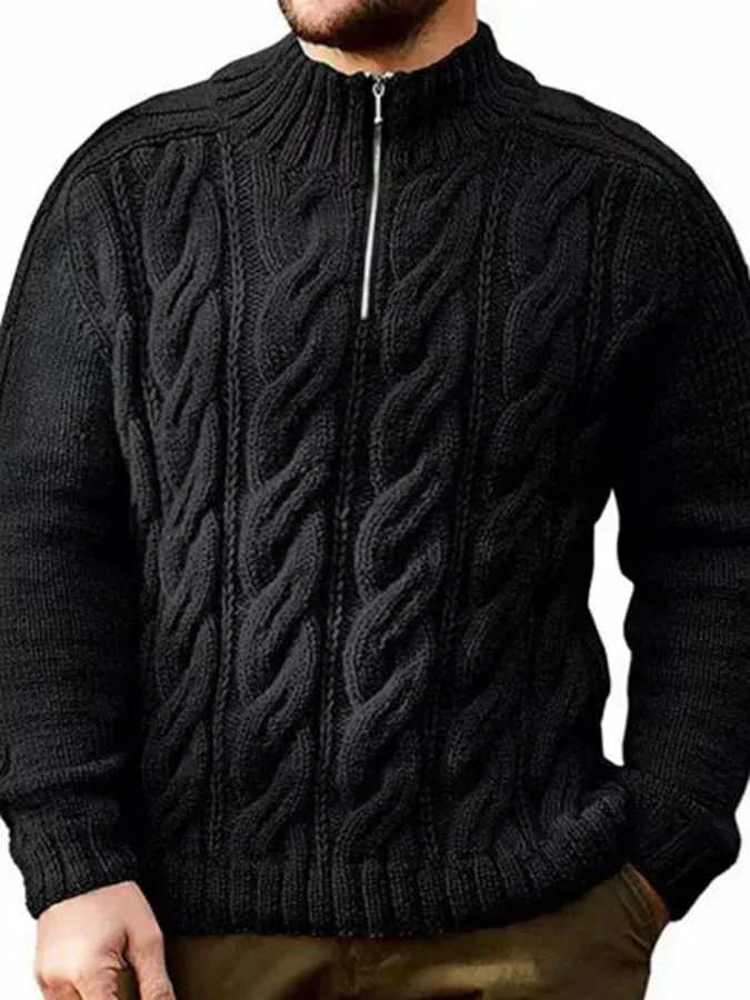 Men's Fashionable Solid Color Jacquard Zipper Stand Collar Sweater