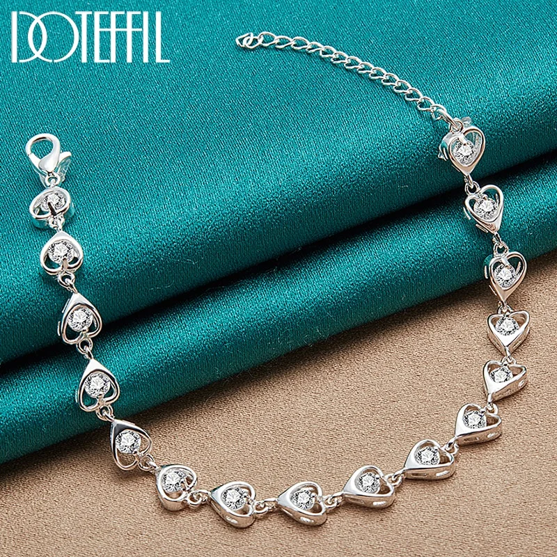 925 Sterling Silver AAA Zircon Heart Chain Bracelet For Women Jewelry