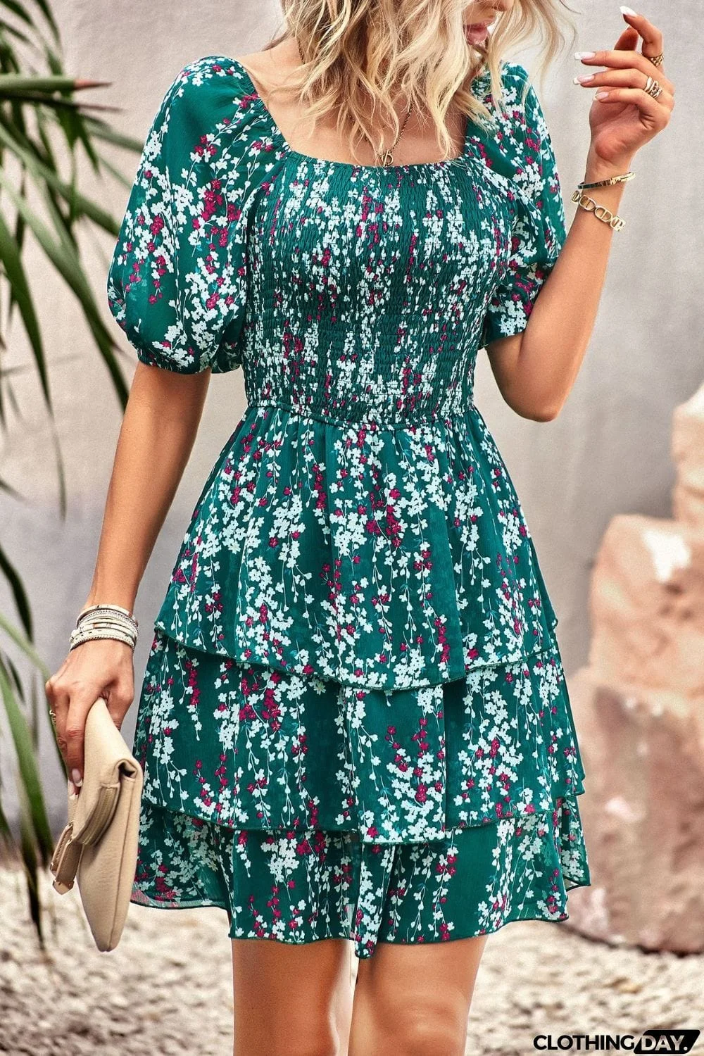 Smocked Square Neck Balloon Sleeve Mini Dress