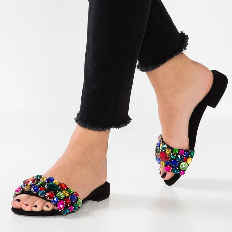 Colorful Rhinestone Women's Slide Sandals Open Toe Flats US Size 3-15 |FSJ Shoes