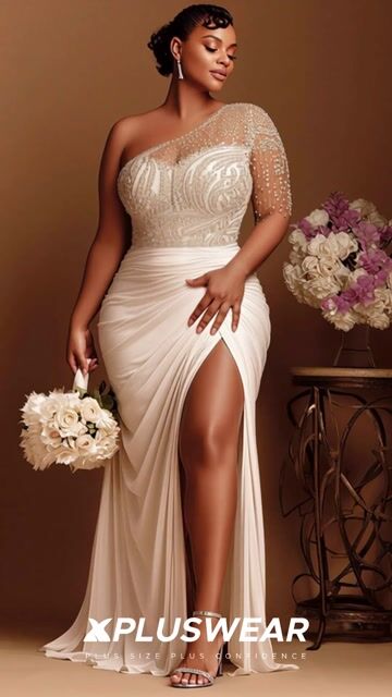 Xpluswear Design Plus Size Wedding Ivory One Shoulder Split Drilling Satin Maxi Dresses 2024 - Xpluswear