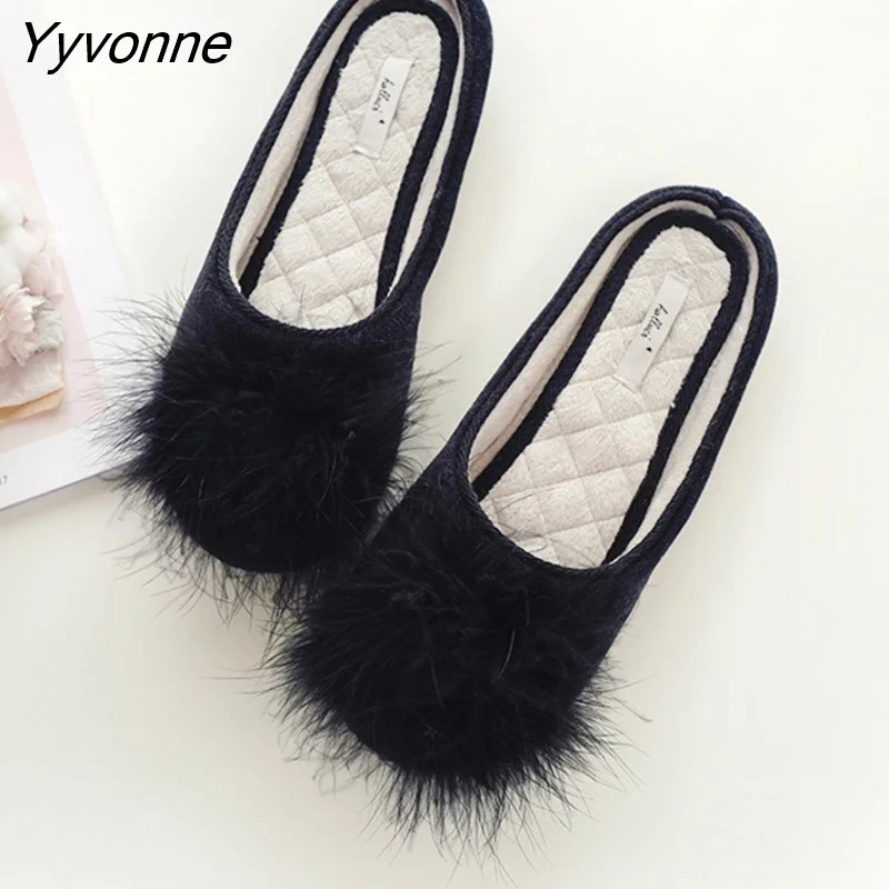 Yyvonne Soft Velvet Fur Home Slippers Shoes Women Classic Black Bedroom Non-slip Slippers indoor Floor Slippers Sapato Feminino