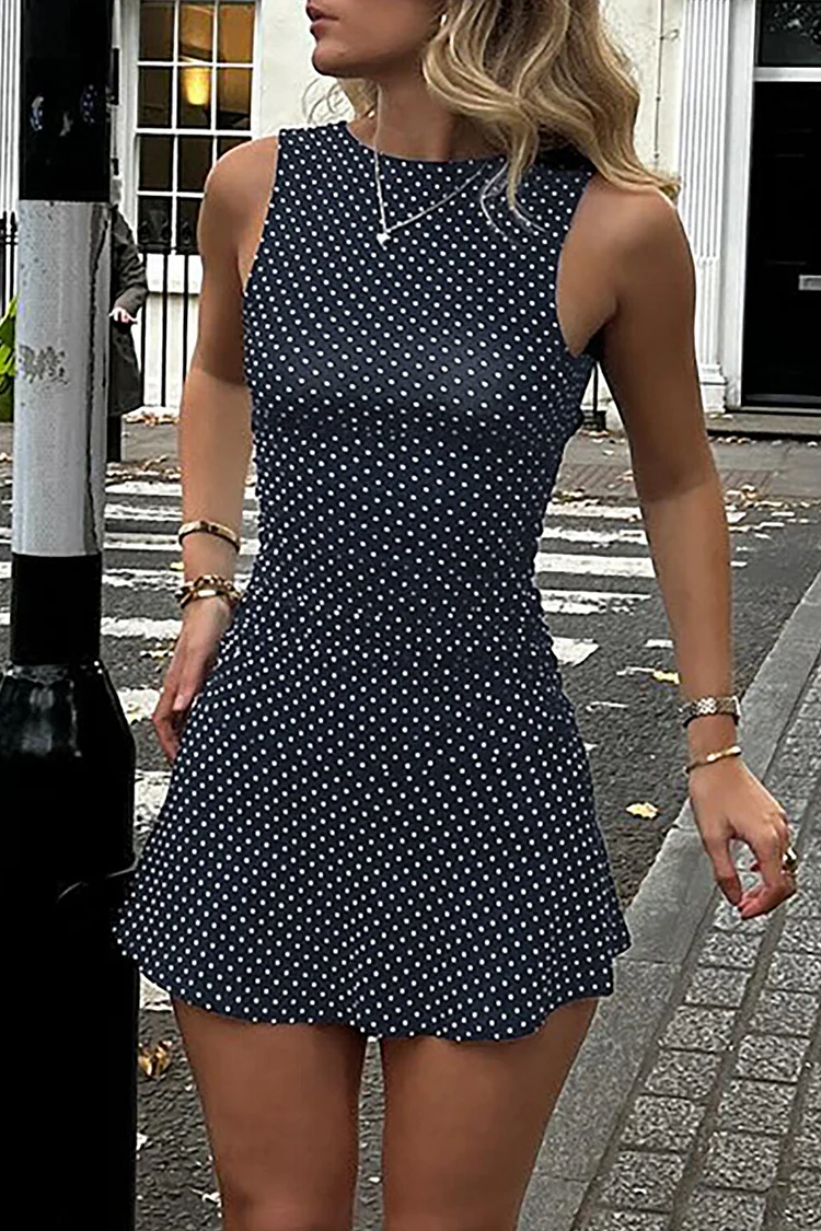 Polka Dot Print Cinch Waist Mini Tank Dresses-Navy