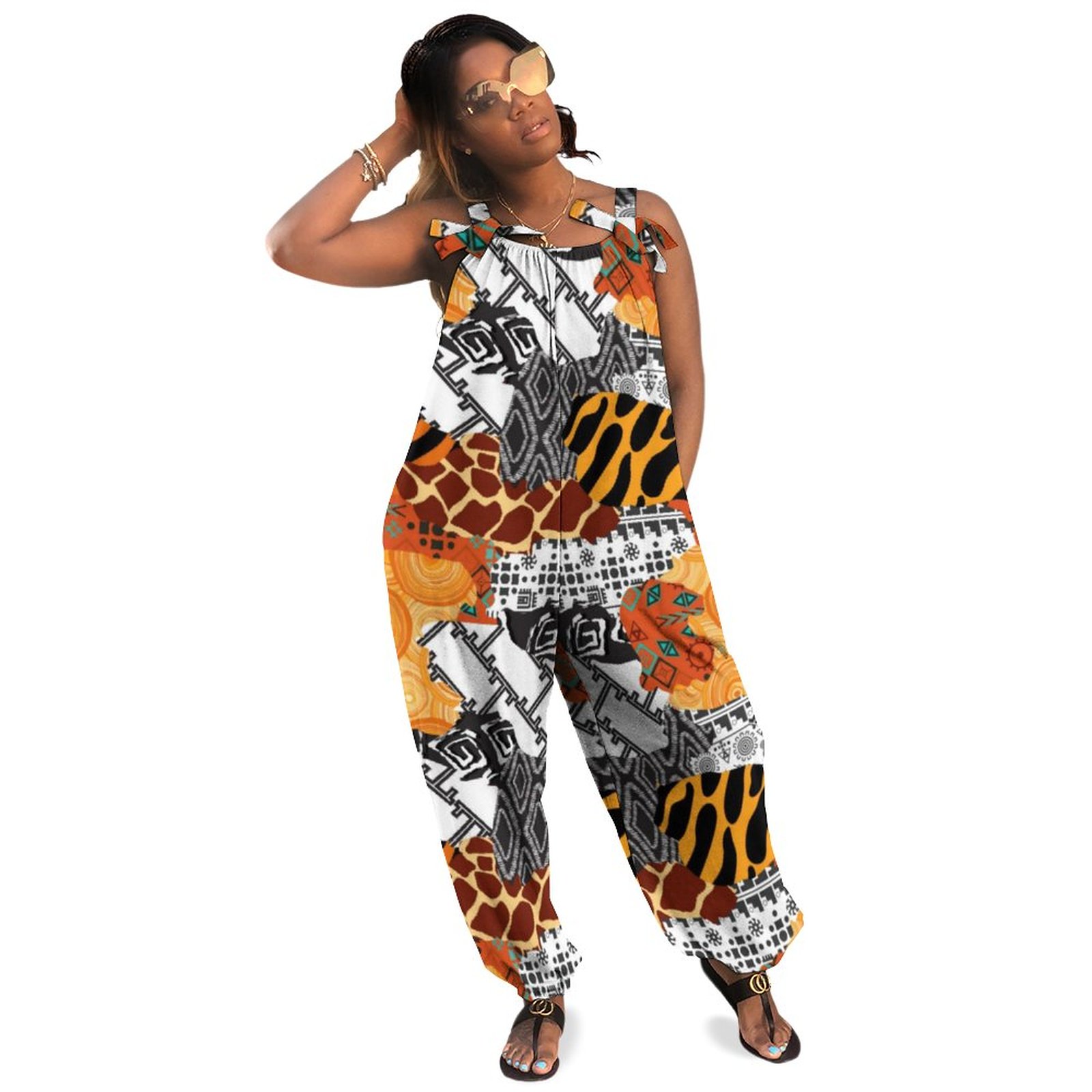 Animalier White And Orange Design Plus Size Sleeveless Jumpsuit Summer Harem Pants Women Loose Casual Style One Piece Workout Romper Boho Pockets