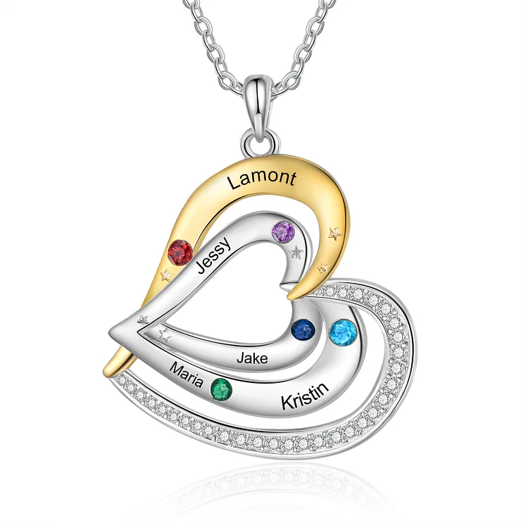 Personalized 5 Birthstones & 5 Names Necklace Custom Heart Pendant Necklace Gifts for Her