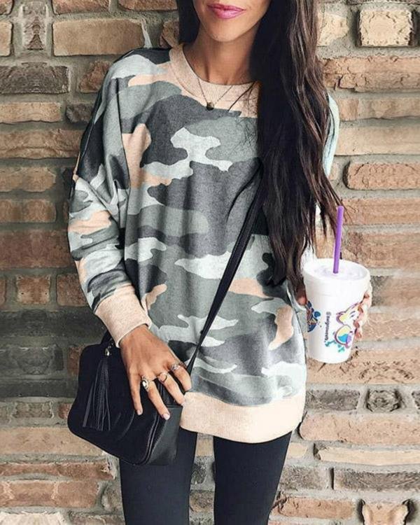 Plus Size Casual Long Sleeves Camouflage Printed Sweatshirt - Chicaggo