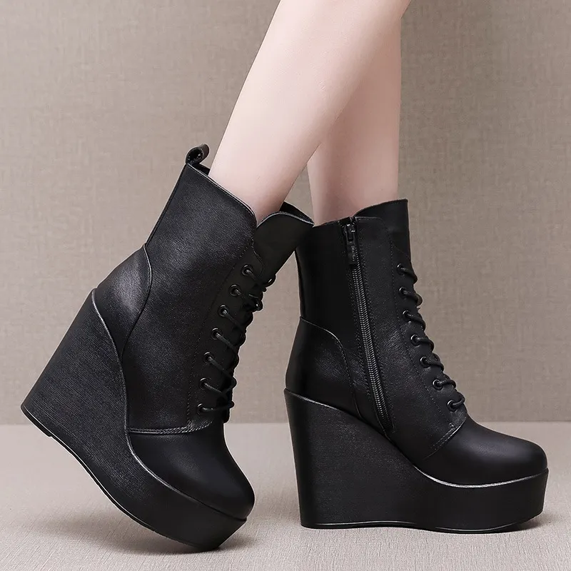 Breakj Breakj Head 12Cm High Slope And Waterproof Table Mid-Sleevel Boots With Side Zipper Women's Boots Pine Cake Plus Velvet Winter Warm Leather Boots