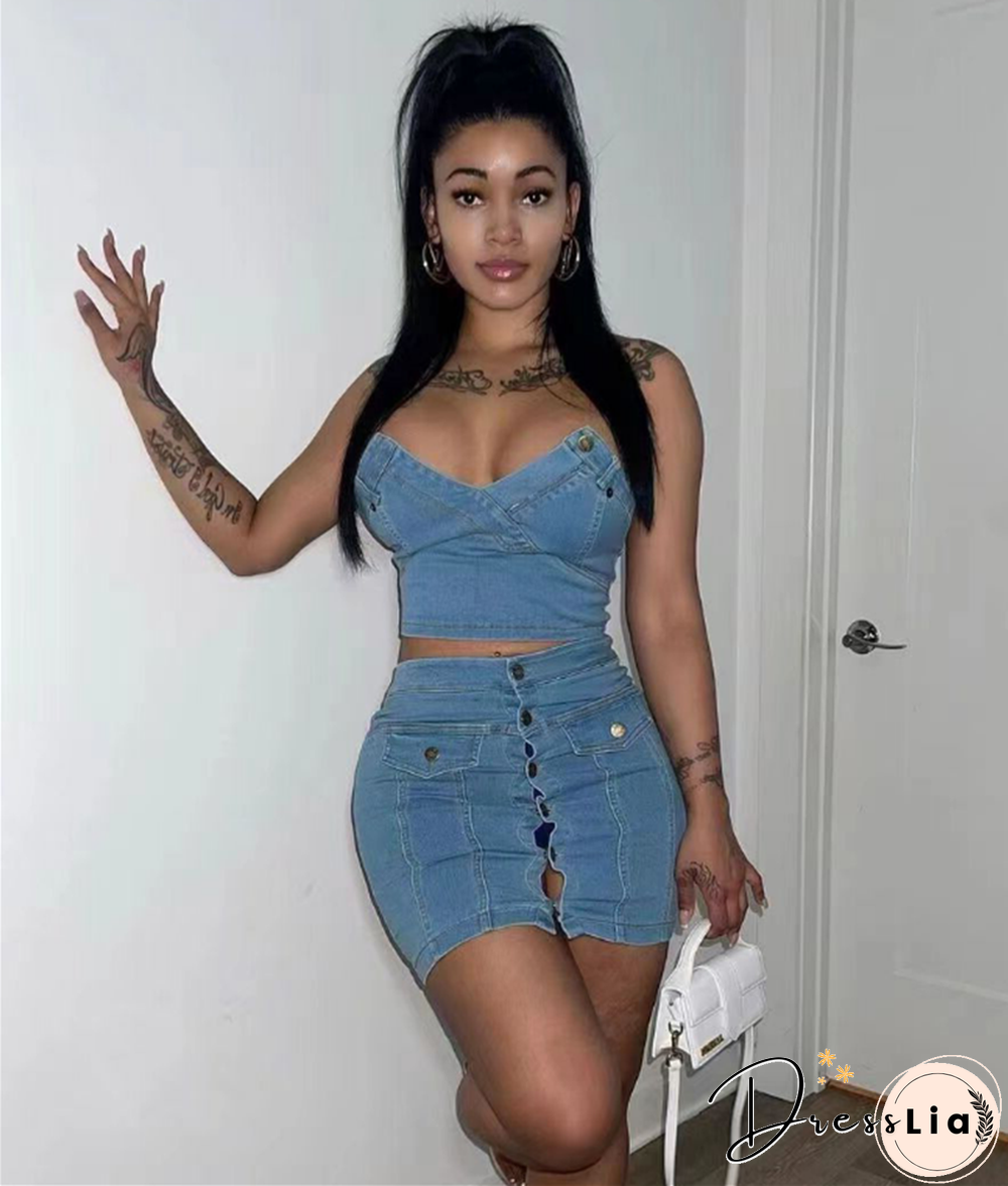 Denim Strapless Crop Top Mini Skirts Two Piece Set