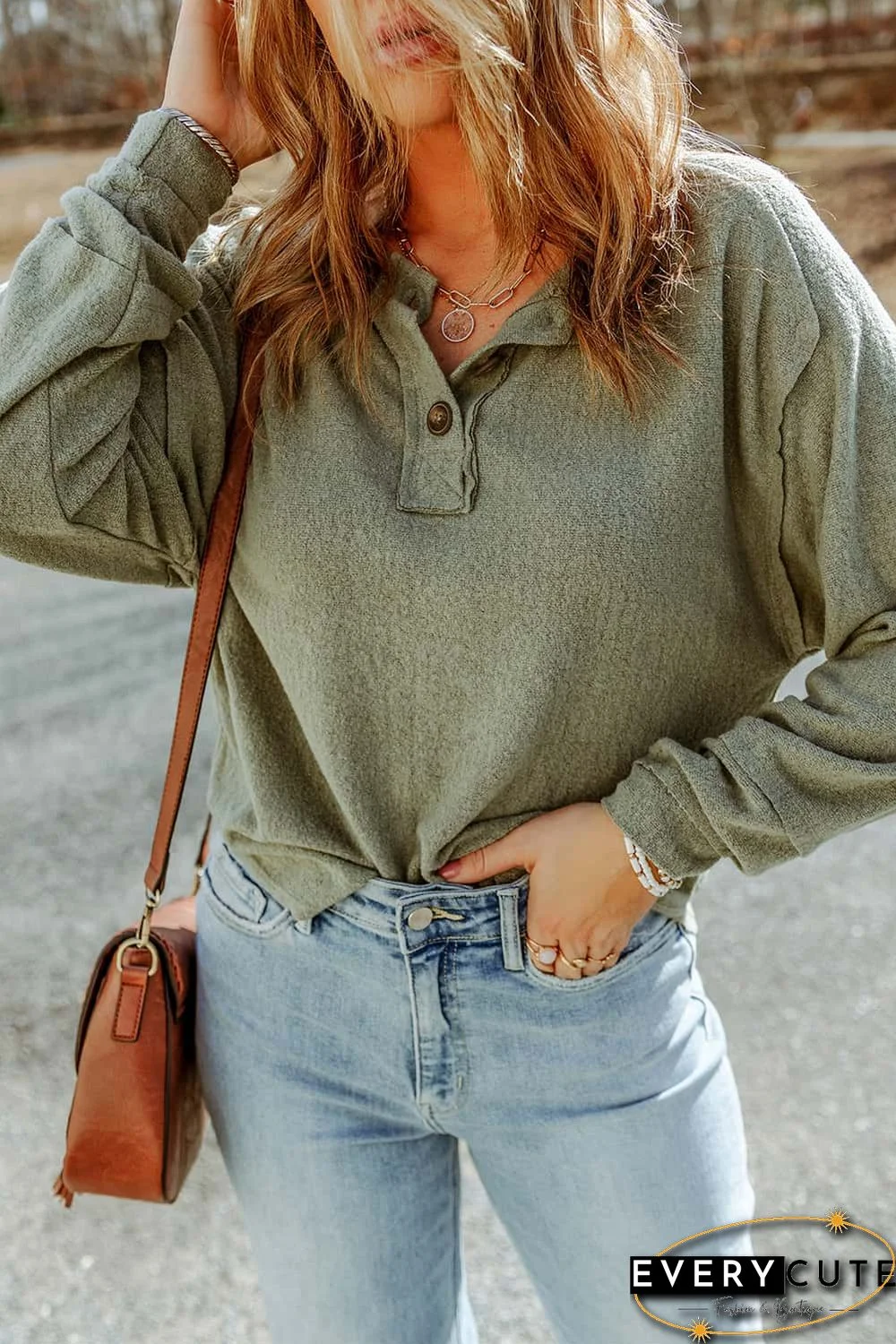 Green Button Split Neck Retro Patchwork Long Sleeve Top