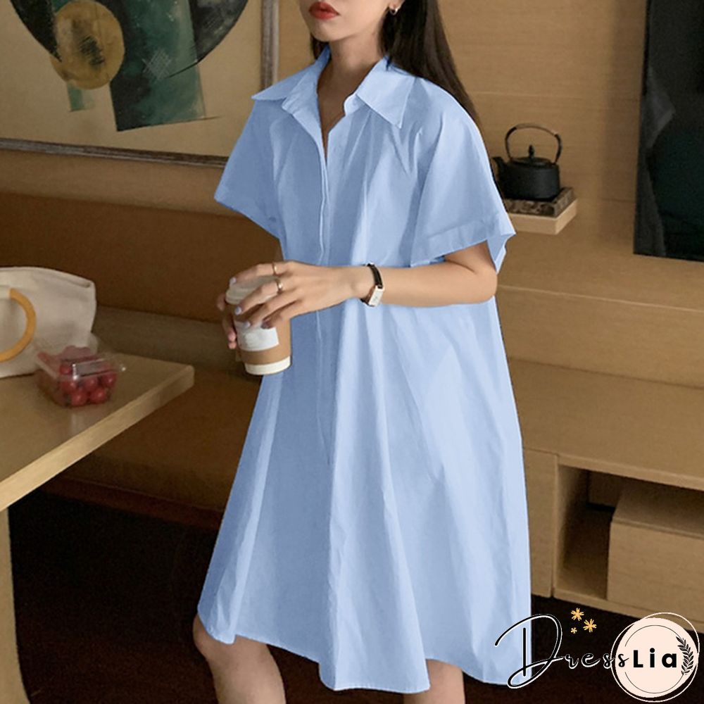 Women Loose Plain Holiday Cami Sundress Lapel Cotton Retro Party Mini Shirt Dress Plus