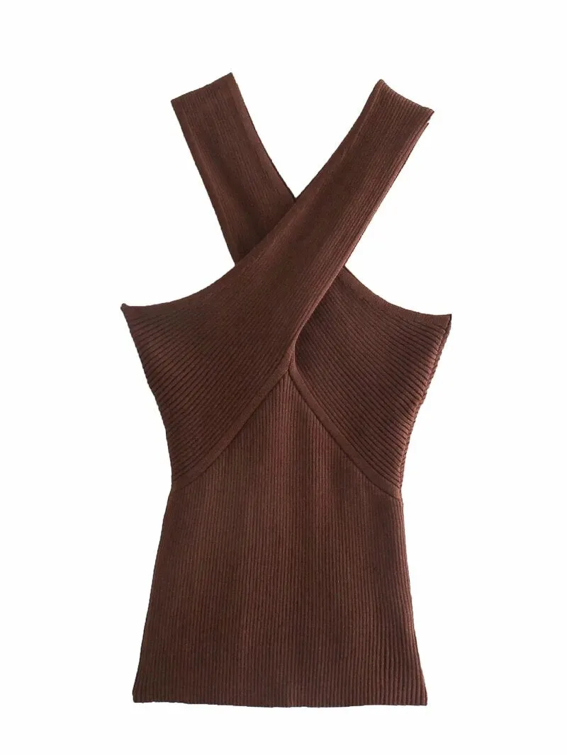 2021 Women Fashion Solid Cropped Knitted Tops Female Casual Cross V-Neck Out Shoulder Chic Tops