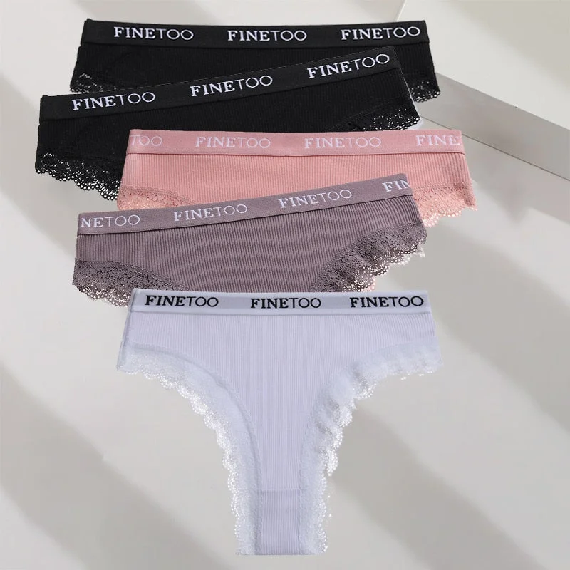 FINETOO 5PCS/Set M-XXL Cotton Panties Women's Letter Thong  Girls Brazilian Panty Sexy Lace Underwear For Woman Lingerie Bikini