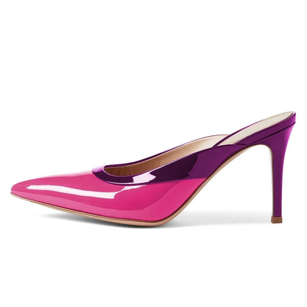 Fuchsia Patent Leather Slip-On High Heel Mules with Pointed Toe