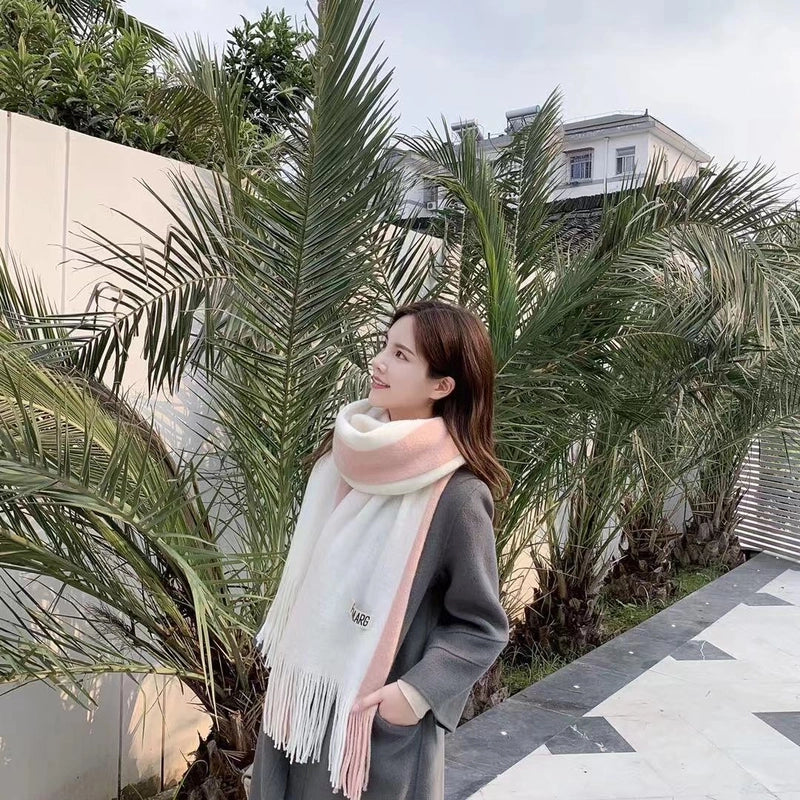 Imitation Cashmere Scarf Women’s Autumn And Winter Color-blocking Warm Japanese And Korean Style Couple Thickened Scarf Two-color Tassel Scarf