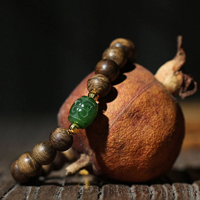 999 Gold Brunei Agarwood Cyan Jade Lotus Flower Peace Strength Bracelet
