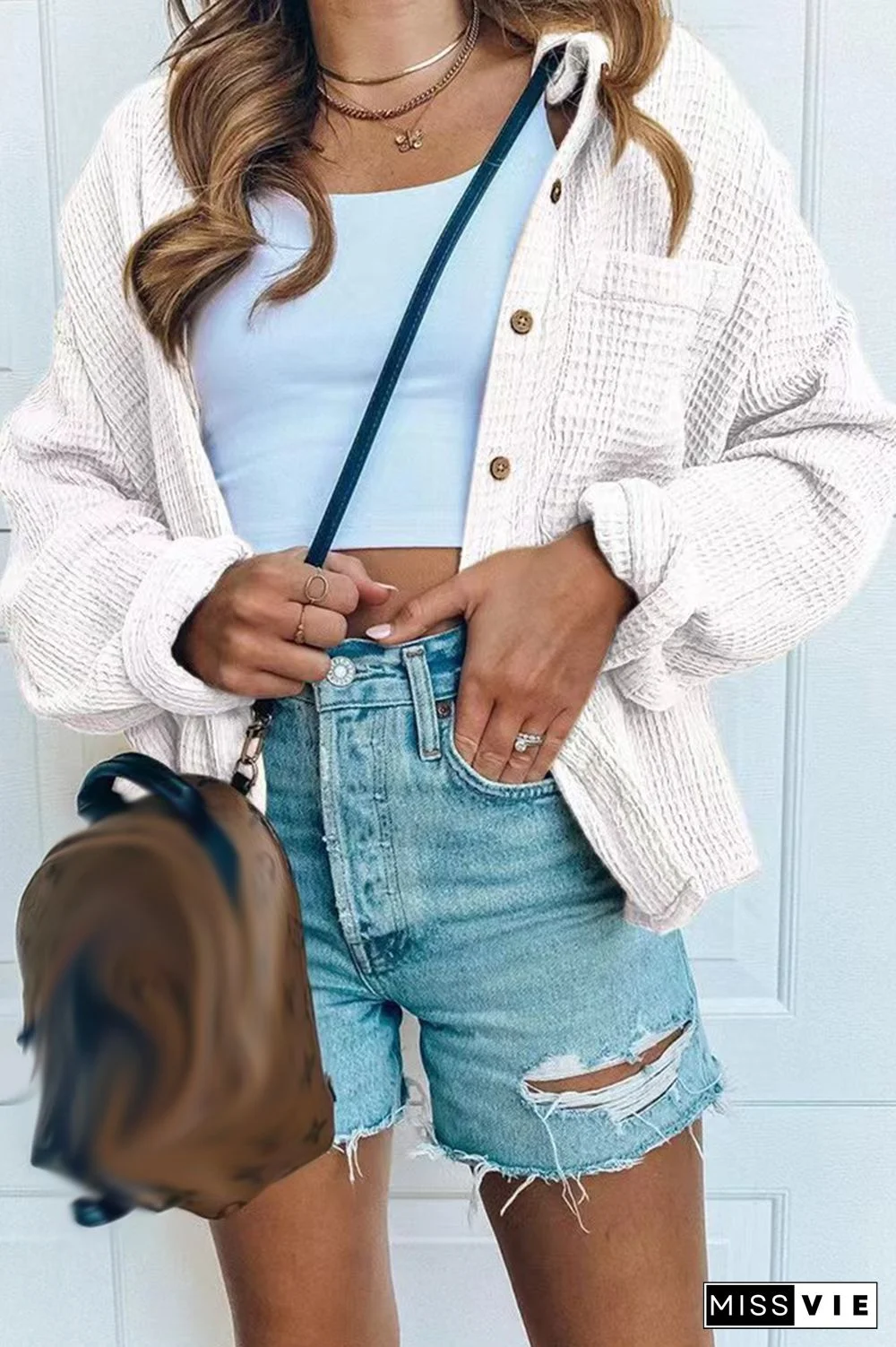Casual Solid Patchwork Turndown Collar Tops
