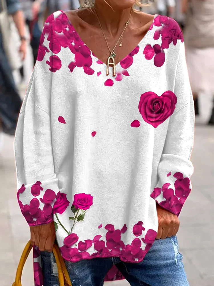 Valentine's Day Rose Pattern Printed V-Neck Long-Sleeved Top