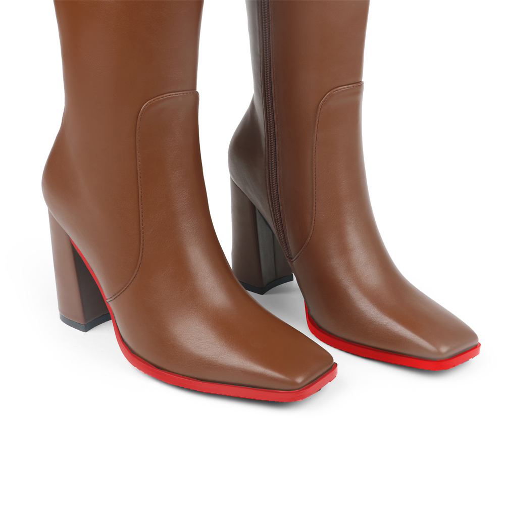 95mm Women's Knee Boots Red Bottom Block Chunky Heels Zipper Fashion Sexy Daily Matte Boot-MERUMOTE