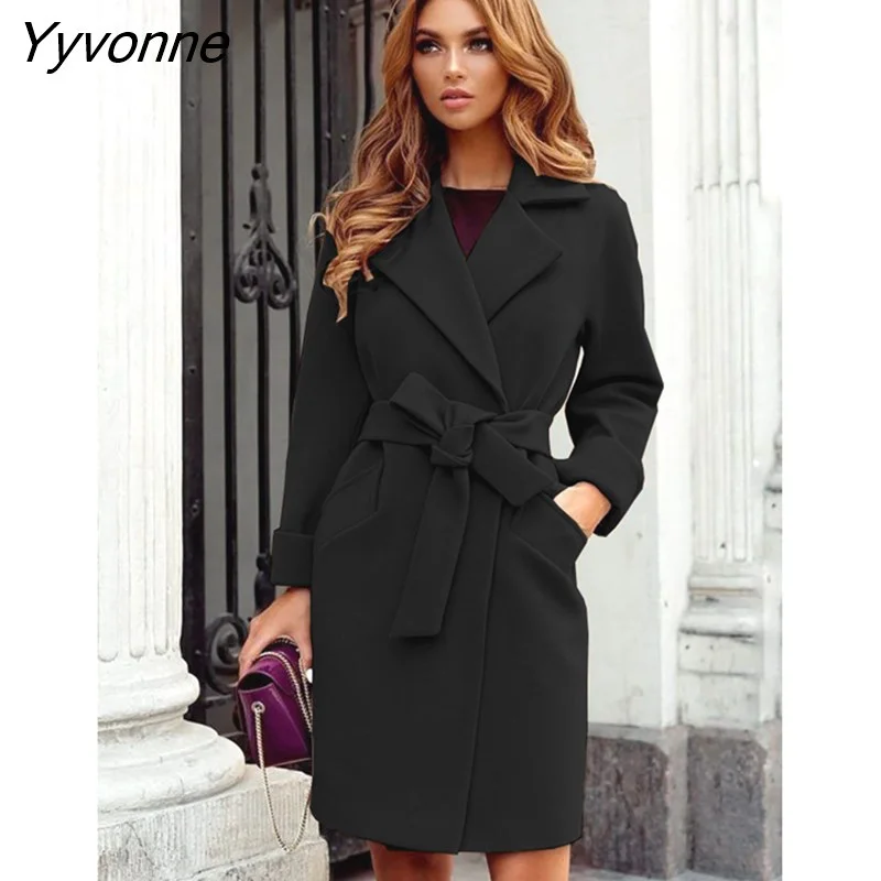 Yyvonne Office Lady Woolen Women's Coat Warm Jackets Outwear Top With Belt Outdoor Party Turndown Collar Long Overcoat Winter