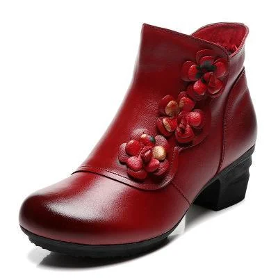 Cow Genuine Leather Winter Boots Soft Flower Comfortable Warm Spare Heel Ankle Boots | IFYHOME