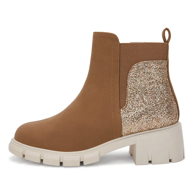 Kids Glitter Lug Sole Ankle Boots Block Low Heel Chelsea Booties