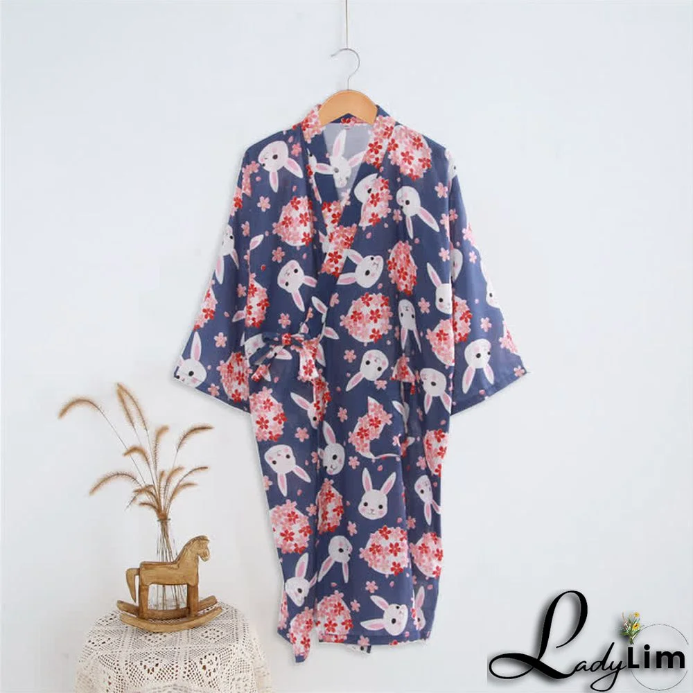 Cartoon Bunny Sakura Print V-neck Kimono Robes