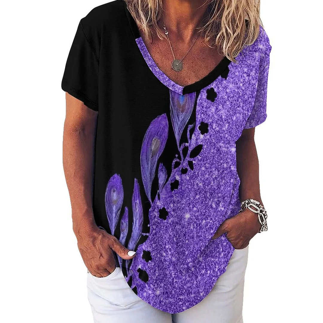 V-neck Short Sleeve Casual T-shirt for  Women Printed with Pattern Purple, Floral, Glitter
