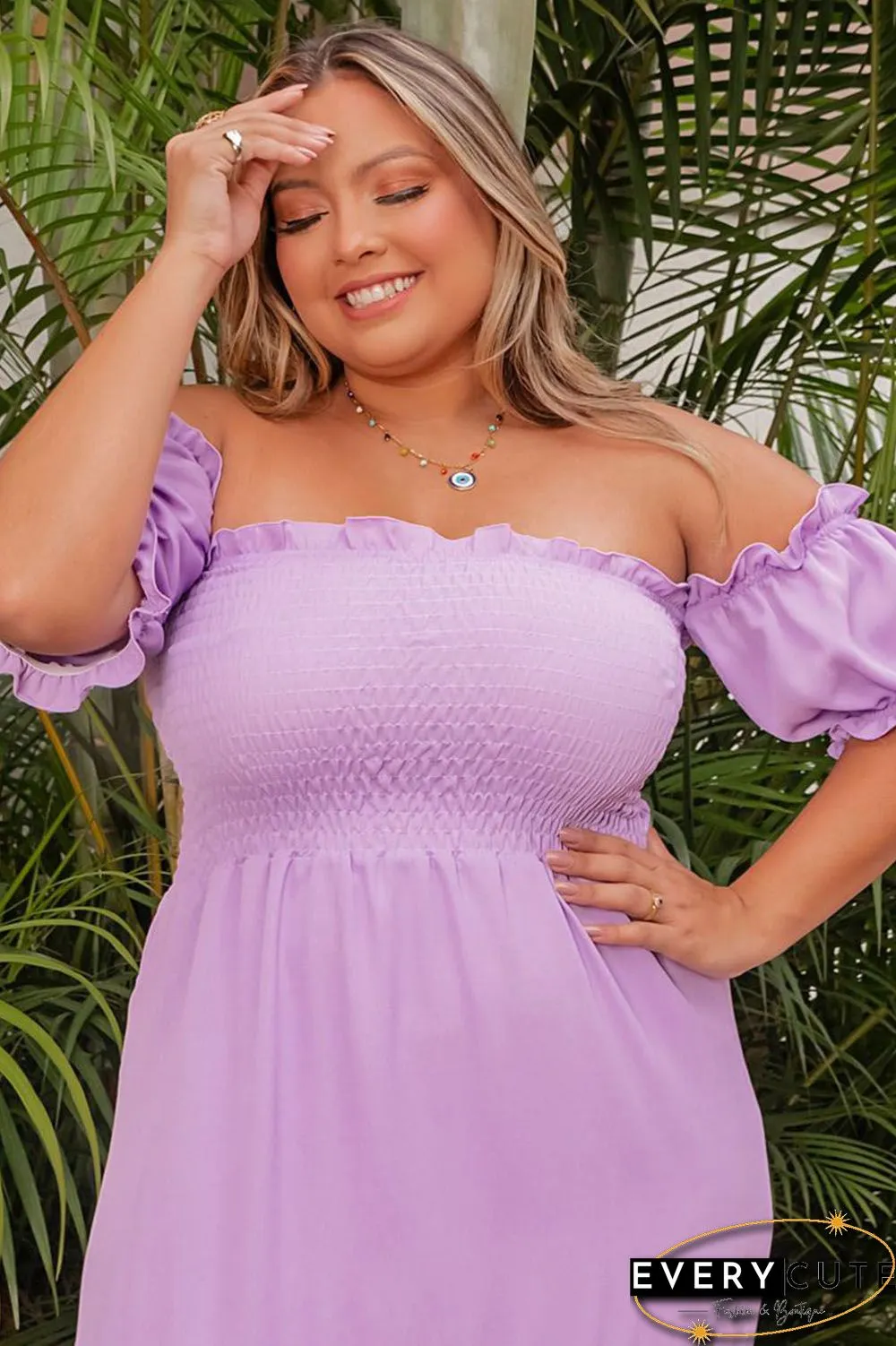 Purple Ruffled Smocked Off Shoulder Plus Size Maxi Dress